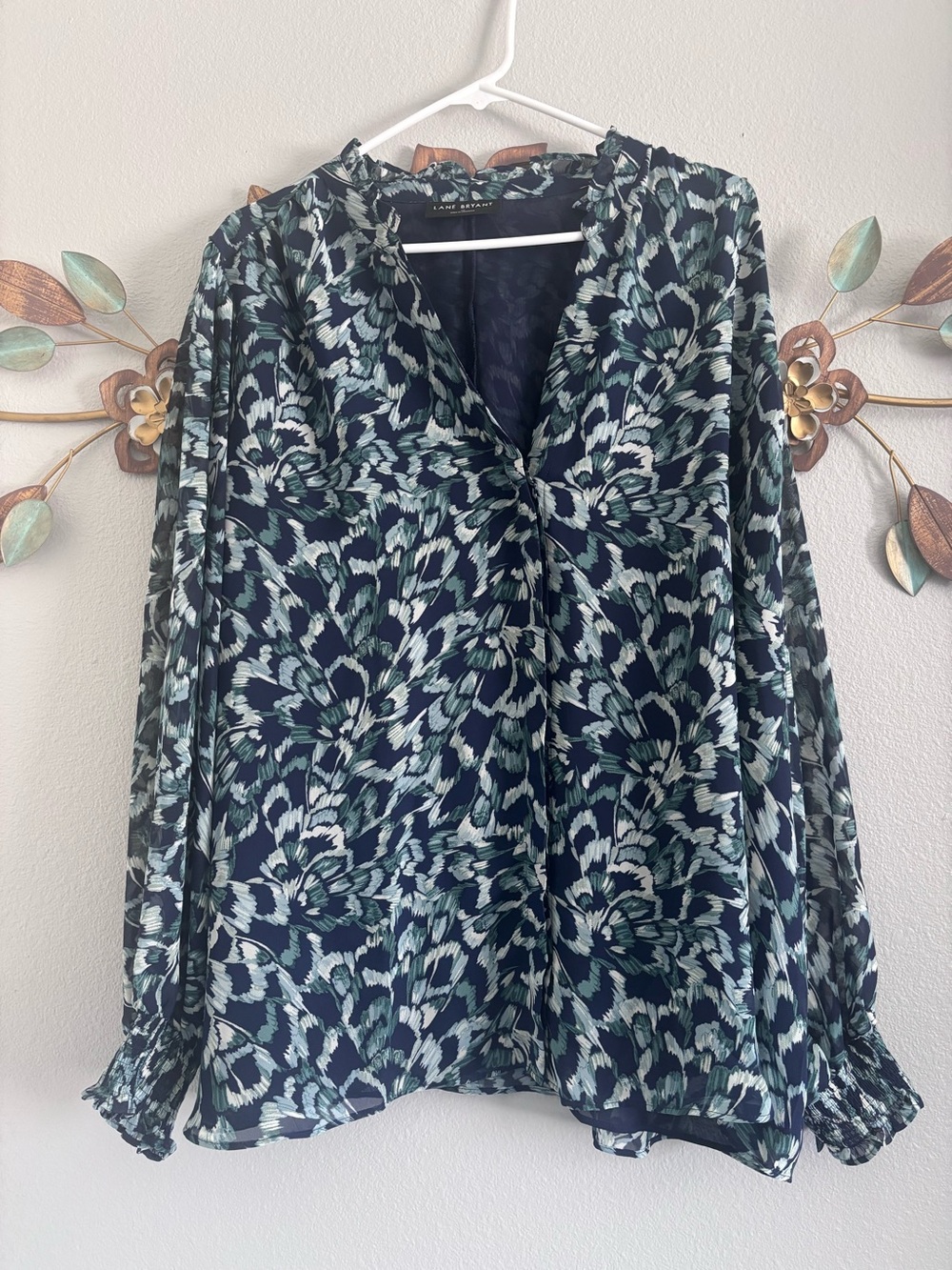 Lane Bryant Flowy Navy and Mint Floral Long Sleeve Blouse